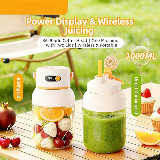 Portable Electric Juicer Cup with Zero Cord Hassle, 800-1200ML Personal Rechargeable Blender Portable for Shakes and Smoothies, with 36 Stainless Steel Blades, Straw and Two Lids (1000ML/35.27OZ)