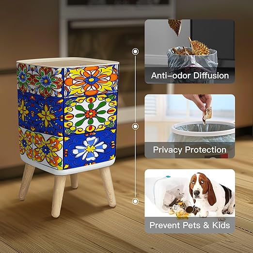 Small Trash Can with Lid Mexican talavera ceramic tile seamless pattern Ethnic folk ornament Wastebasket with Press Cover Dog Proof Garbage Can Waste Bin for Kitchen Bathroom Nursery 2.6 Gallon