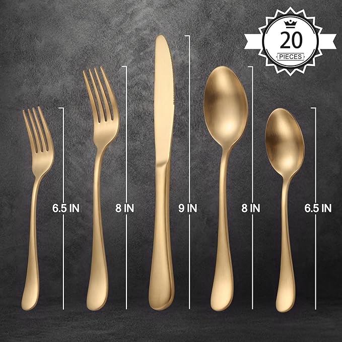 LIANYU 20 Piece Matte Gold Silverware Set, Stainless Steel Gold Flatware Cutlery Set for 4, Fancy Kitchen Utensil Tableware for Home Restaurant Party, Satin Finish, Dishwasher Safe
