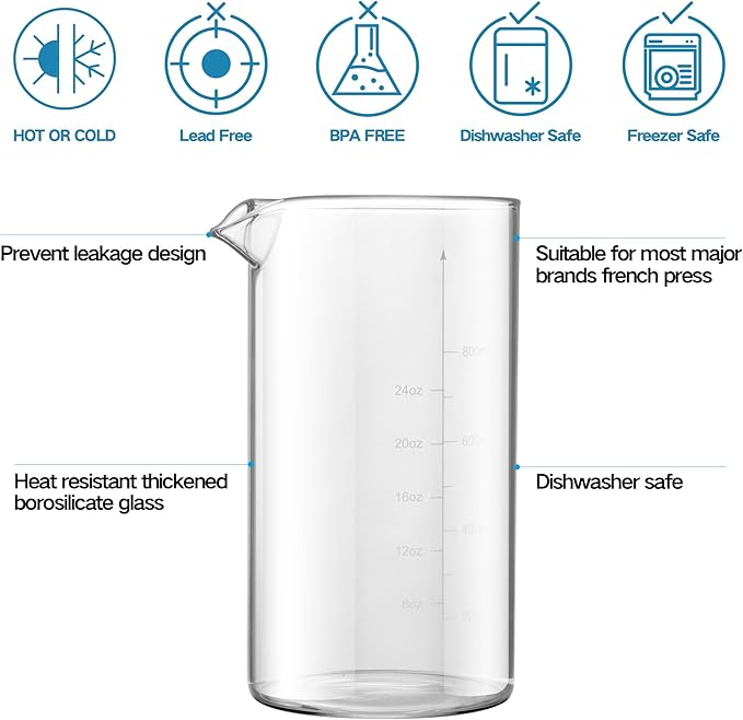 YMMIND Standard Universal Design 34 oz French Press Replacement Glass Beaker, Fits Most Brands French Press Coffee Makers (1Quart / 1000ml / 5-6 Cup) Coffee Press Borosilicate Glass Water Bottle
