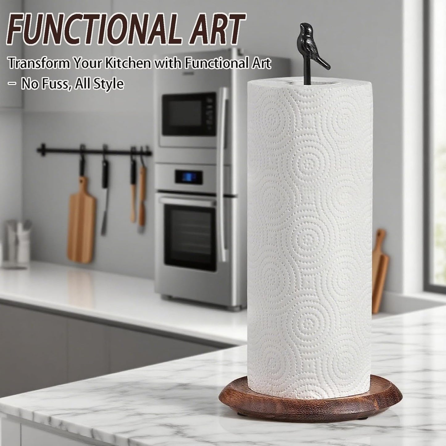 Wooden Cute Bird Shaped Countertop Paper Towel Holder, Solid Wood Base with Iron Rod, with Non-Slip Pad, Stable and Durable, Suitable for Kitchen, Dining Table and Home Decoration (Black-3)