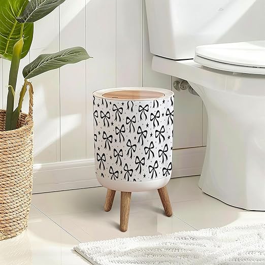 Trash Can with Lid Bow ribbon seamless print white black Christmas Cute crayon bows Press Top Round Small Garbage Bin with Wooden Legs Waste Basket for Kitchen Bedroom Nursery 7L/1.8 Gallon