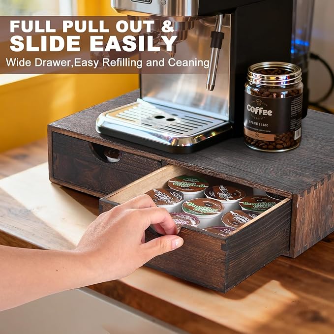 Wooden K Cup Organizer Coffee Pod Storage Box, Coffee Pod and Tea Bag Holder,Kcup Drawer Coffee Maker Stand,Home Kitchen Counter Holds Up to 30 Pods Capacity (2 Drawer) (Carbonized Black)