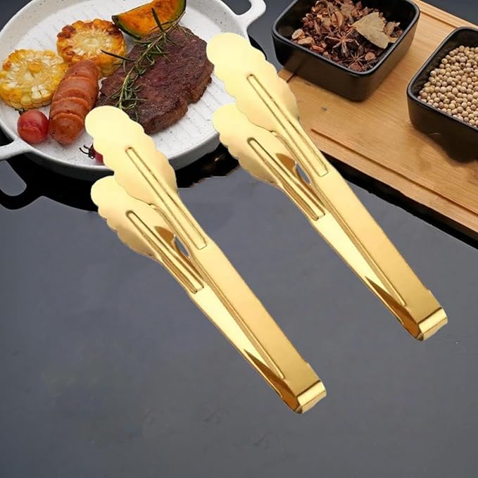 9 Inch Gold Cooking Tongs Set of 4, Stainless Steel Bread Salad Food Tong Serving Utensils for Buffet, Kitchen