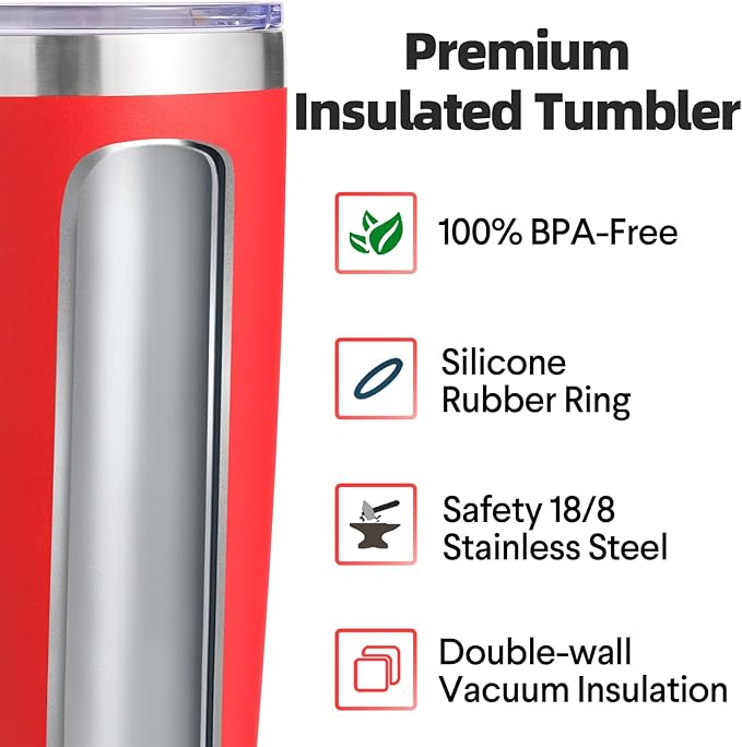Volhoply 20oz Stainless Steel Tumbler with Lid and Straw,Double Wall Insulated Travel Iced Coffee Mug Fits Car Cup Holder,Powder Coated Cups for Hot and Cold Drinks,Gifts for Women Men（Red,1 Set）