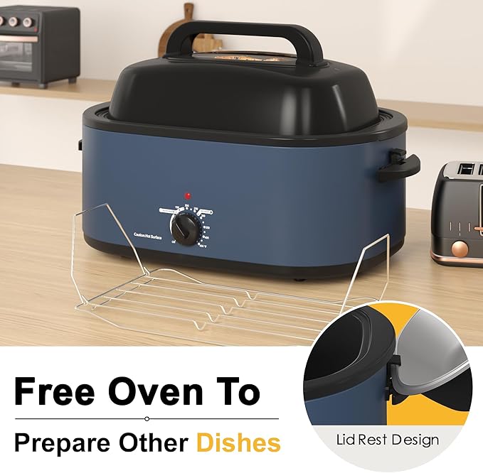 Sunvivi Roaster Oven, Electric Roaster Oven with Viewing Lid, 28lb 24-Quart Turkey Roaster with Unique Defrost/Warm Function, Large Roaster with Removable Pan & Rack, Stainless Steel, Blue