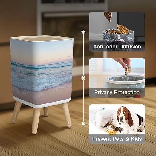 Small Trash Can with Lid Ocean Waves Sand Beach Wastebasket with Press Cover Dog Proof Garbage Can Waste Bin for Kitchen Bathroom Nursery 2.6 Gallon