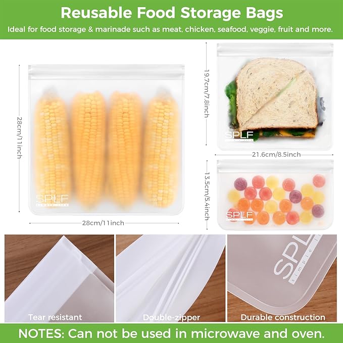 SPLF 12 Pack Dishwasher Safe Reusable Food Storage Bags (5 Sandwich 5 Snack 2 Gallon), BPA Free Freezer Bags Leakproof Silicone and Plastic Free Lunch Bags Fridge Organization