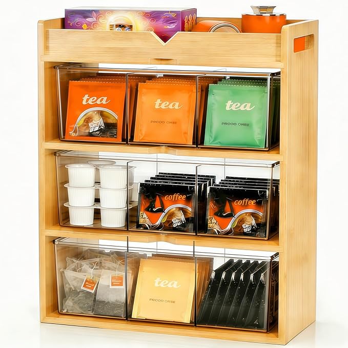 Tlence 4 Tier Bamboo Tea Bag Organizer, Vertical Wooden Tea Storage Box with Acrylic Drawer, Tea Storage Holder and Tea Station for Countertop Kitchen Office, 15.5" x 11" x 5.3"