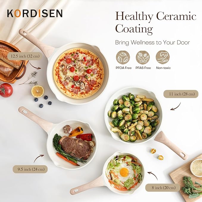 Kordisen Ceramic Nonstick Frying Pan Skillet Set with Lid, 3 Piece Ceramic Pans for Cooking Non Toxic, Healthy Induction Cookware, Stay-Cool Handle, PFOA & PFAS Free (9.5 Inch, 11 Inch, 12.5 Inch)