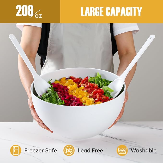 Salad Bowl with Lid, 12.6" Extra Large Bamboo Fiber Salad Bowl with Servers Set for Kitchen, Nature Bamboo Mixing and Serving Bowl with Lid, Spoon and Fork for Fruits,Salads and Vegetables (White)