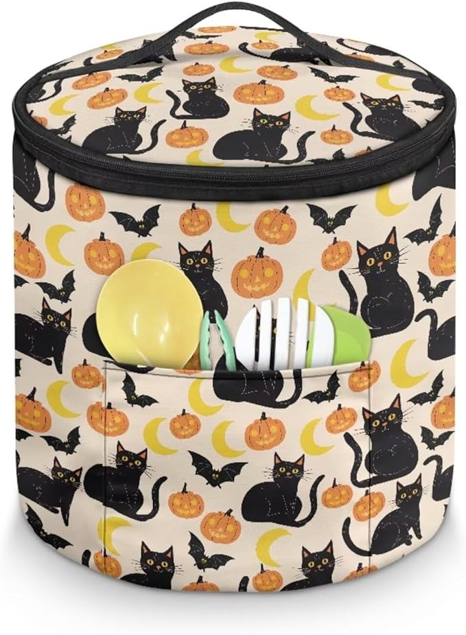 Halloween Electric Pressure Cooker Insulation Bag Effective Insulation Pressure Cooker Handbag Keep Your Cooker Dust Free, Pumpkin Moon Black Cat