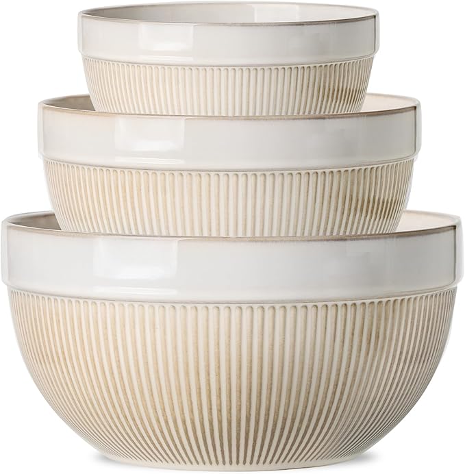 Large Ceramic Mixing Bowls, Glazed White Kitchen Bowl (10"/8"/6"), Set of 3 Nesting Bowls for Baking, Cooking, Serving, Prepping, Dough Kneading, Microwave and Dishwasher Safe