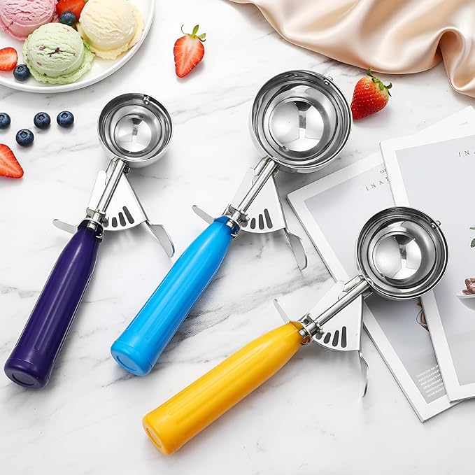 Reallnaive 3 Pcs Release Cookie Scoops Ice Cream Scooper with Trigger Release Portion Scoop Stainless Steel for Portion Control, Baking Food, Cookie Dough (1 Oz+2 Oz+2.65 oz,Purple,Yellow,Blue)