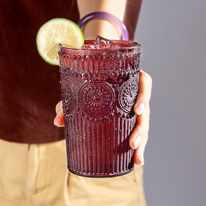 Ciaell 12 Pack Romantic Plastic Water Glasses - 14 Oz Burgundy Vintage Drinking Glasses, Embossed Ribbed Plastic Cups, Textured Striped Set for Juice, Beverages, Beer, Cocktail