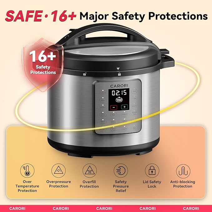 CARORI 1200W 12-in-1 Electric Pressure Cooker 8Qt, Stainless Steel Pressure Cooker, Slow Cook Rice Cooker Steamer Sauté, Yogurt Maker, Warmer & Sterilizer with Recipe, Safer Venting Design, Sliver