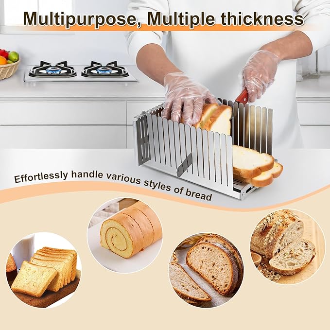 Stainless steel Bread Slicer for Homemade Bread,Adjustable Width,Foldable Compact,Bread Slicing Guide,Bread Loaf Slicer,for Cakes,Bagels,slice is 0.5",Bread width: 5.5"-8.3" (Mirror Silver)
