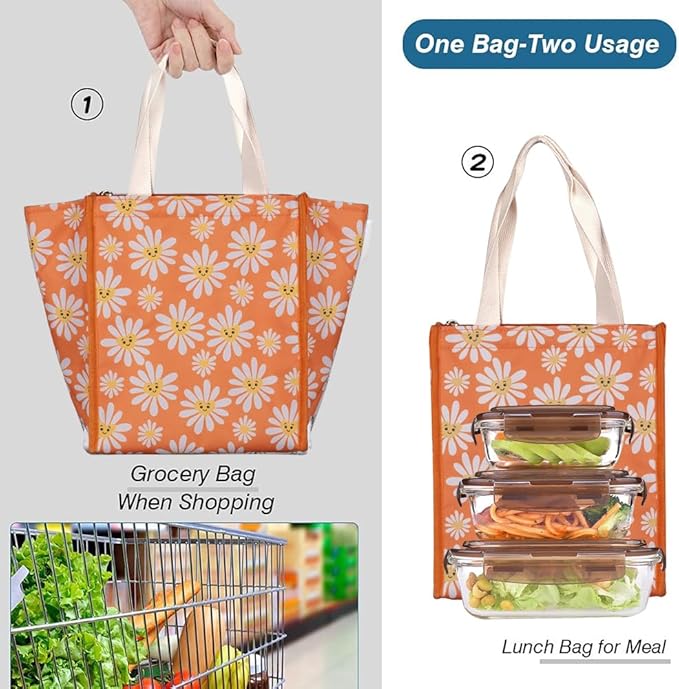 iknoe Insulated Lunch Bag for Women & Adults, 9L Foldable Wide-Open Cooler Bag with Pockets, Leakproof & Portable, for Picnic, Office, Beach(Daisy)
