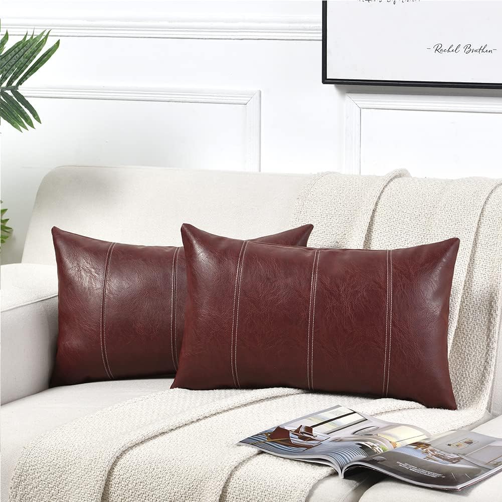Fancy Homi Burgundy Long Lumbar Faux Leather Decorative Throw Pillow Covers 12x24 Inch for Living Room Couch Bed, Modern Farmhouse Boho Home Decor, Wine Red Hand Stitched Cushion Case 30x60 cm
