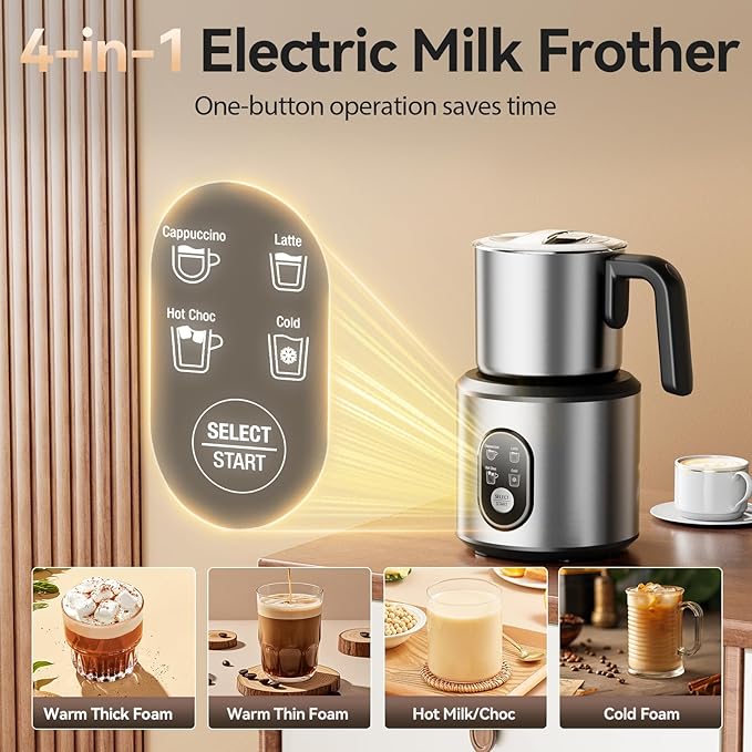Milk Frother and Steamer with Heating Function - 4-in-1 Automatic Hot & Cold Milk Frother and Warmer, 24Oz/700ML Detachable Stainless Steel Jug with Transparent Lid