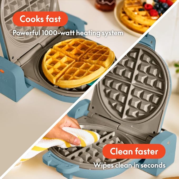 bella Flip-n-Store Waffle Maker, EverGood™ Ceramic Nonstick Coating, Fits-anywhere™ Kitchenware, Power Indicator Light & Touch Handle, 7” Wide & 1" Deep Plates, 1000 Watt, Surf
