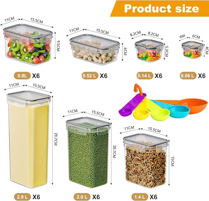 Airtight Food Storage Containers with Lids, BPA Free Clear Pantry Storage Container for Kitchen Food Pantry Organizers and Storage, Plastic Pantry Organiser for Cereal,Flour and Sugar 42 pack