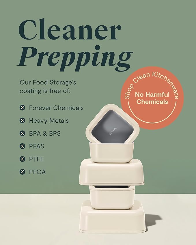 Caraway 6pc Glass Food Storage Set – 4.4 Cup Food Containers (6) - Ceramic Coated - Non Toxic, Non Stick with Lids - Microwave Safe - Sage