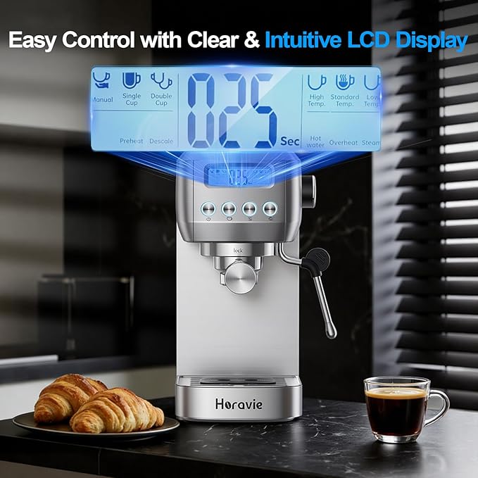 Horavie Espresso Machine 20 Bar, Compact Espresso Maker with Milk Frother, Stainless Steel Cappuccino & Latte Machine with LCD Screen, Adjustable Temperature, 44oz Water Tank for Home, Office