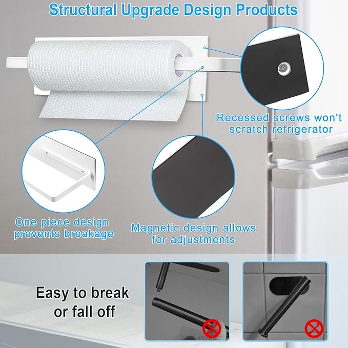Paper Towel Holder Magnetic, Magnetic Paper Towel Holder for Fridge, Toilet Paper Roll Holder Magnet Towel Rack Wall Mount Shelf Bar for Towels Rolls Bathroom RV Dorm Kitchen Wall Decor, White 2 Pack