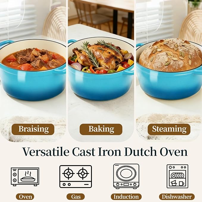 Enameled Cast Iron Dutch Oven with Lid -6.5 QT, incl. Sourdough Bread-Baking Supplies like Banneton Proofing Basket, Heavy Duty Cookware Bread-Oven for Baking, Stews, and Roasting, Sea blue