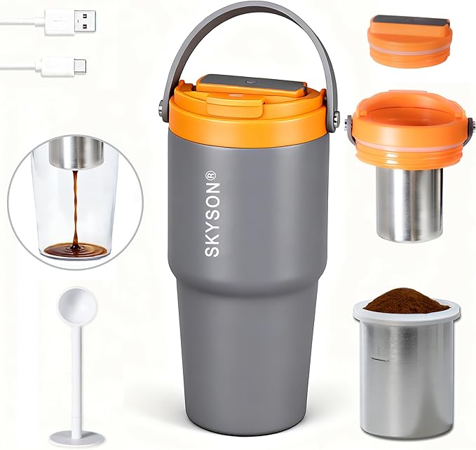 Portable Coffee Maker Mug for Travel,Mini Espresso Coffee Machine,20 oz Thermos Cup with Lid Fast Extraction Electric Filter Brewer,Insulated Stainless Steel Tumbler (Grey)
