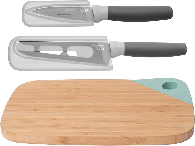 Berghoff LEO Natural Bamboo Cutting Board Non-stick Coating 18/10 Stainless Steel Blade Knives Set of 3pc Green & Grey Ergonomically Designed Handle