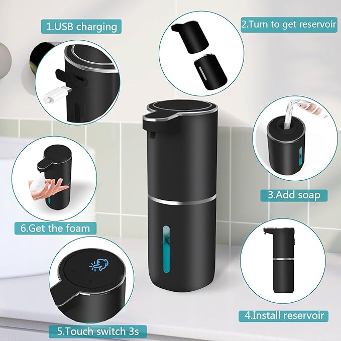 Automatic Soap Dispenser – Touchless Foaming Soap Dispenser 400ml USB Rechargeable Dispenser Electric Wall Mounted 4levels Adjustable Foam Dispenser Pump for Bathroom Kitchen Dish Soap(Black)