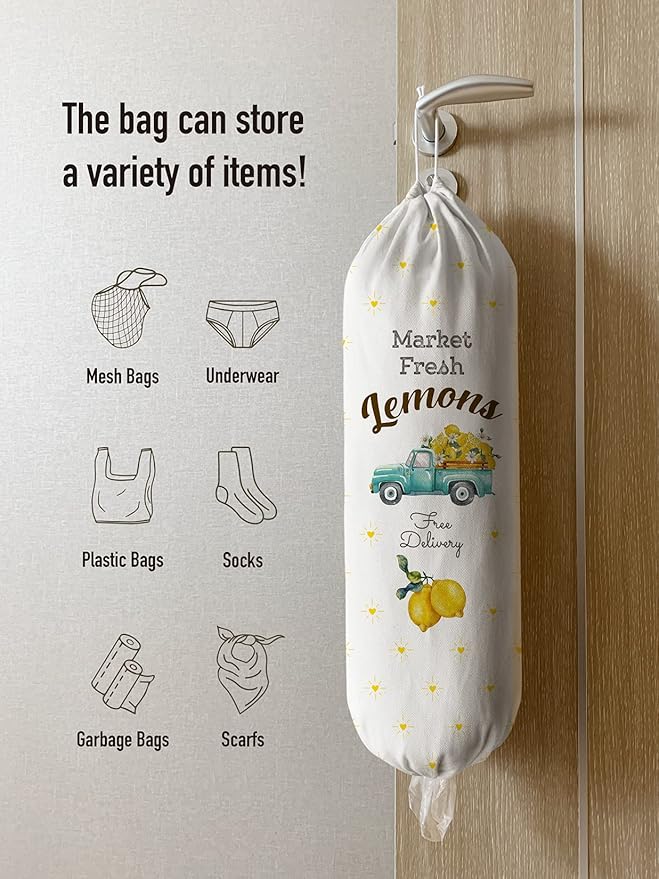 Hglian Farmhouse Grocery Plastic Bag Holder Dispenser Cute Market Fresh Lemons Buffalo Check Truck Shopping Trash bags Storage Container Organizer Lemons Kitchen Decor Yellow Blue