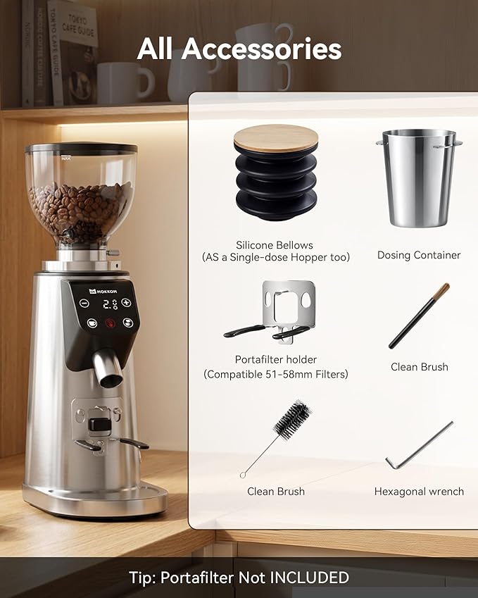MOKKOM Professional 64mm Flat Burr Coffee Grinder with 100 Grind Settings, All-Metal Stainless Steel Body, Coffee Bean Grinder with Adjustable Electronic Timer, Anti-Static, LED Display