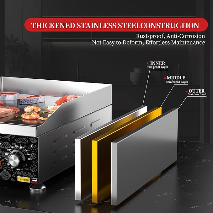 14" Commercial Electric Griddle,Electric Countertop Flat Top Griddle,110V 1800W Electric Flat Top Grill,Non-Stick Restaurant Teppanyaki Stainless Steel Grill,Adjustable Temperature Control