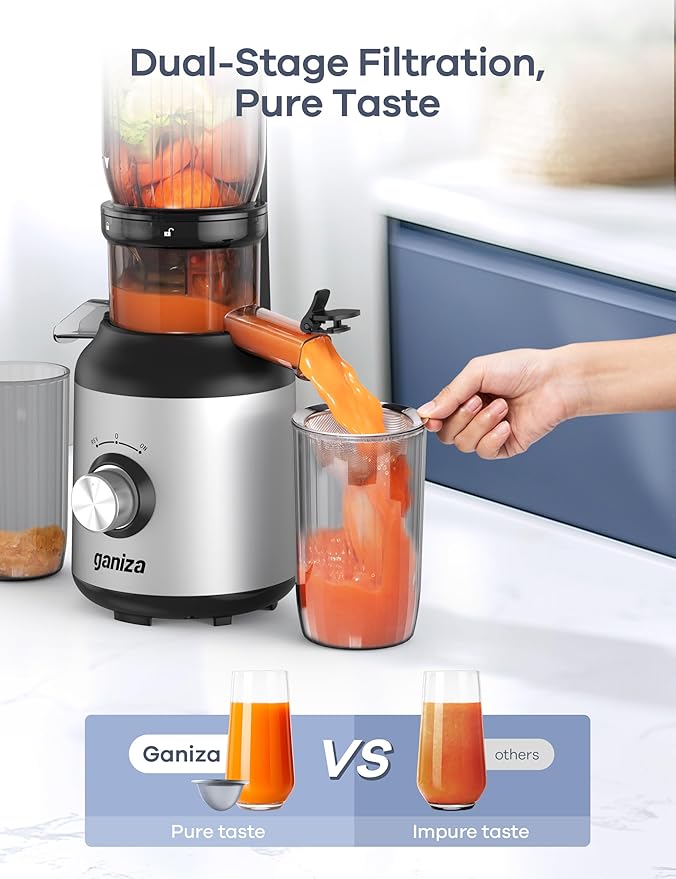 Ganiza Cold Press Juicer, 4.3" Compact Space-Saving Design Juicer Machine with 3 Replaceable Filters, One-Touch & Ultra-Quiet Operation, BPA-Free Easy to Clean, Silver