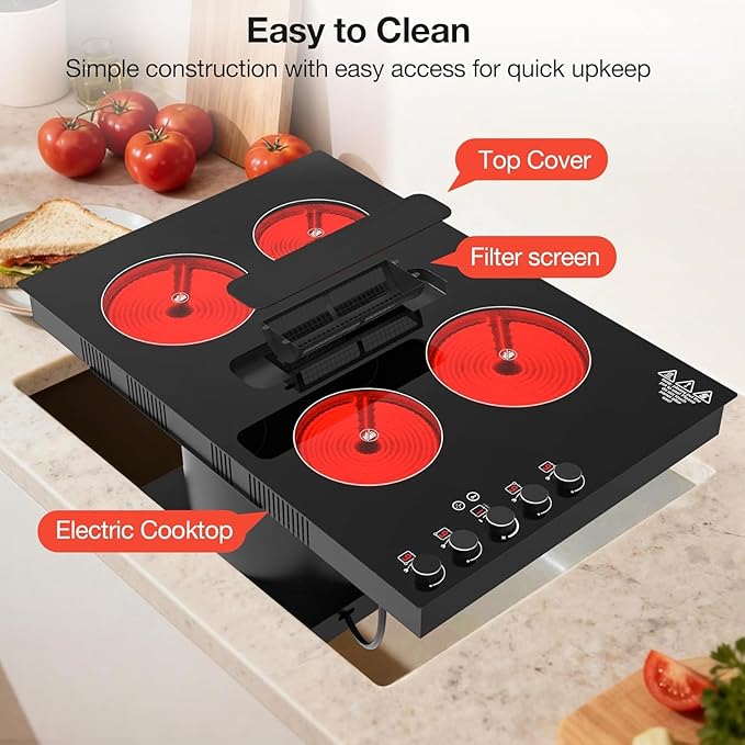 31" Electric Cooktop with Downdraft – 4 Burner 6000W Built-in Electric Stove, BBQ Bridge Burner, Timer, Safety Lock, Recirculating Vent (220V-240V)