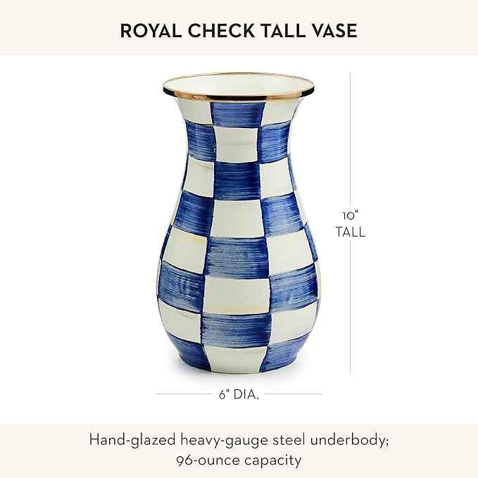 MACKENZIE-CHILDS Tall Enamel Vase, Unique Flower Vase, Decorative Table Decor for Living Room, Blue-and-White Royal Check