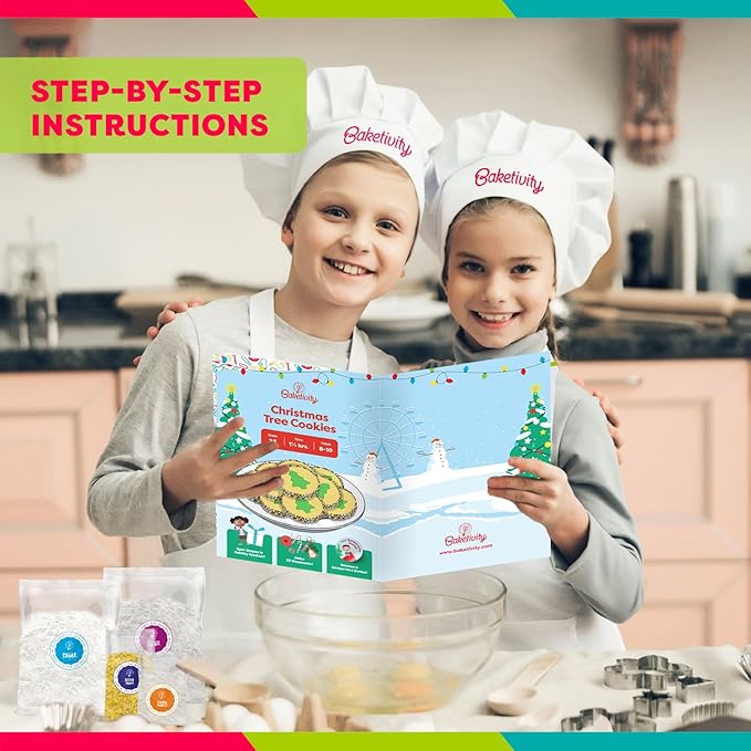 Baketivity Christmas Tree Cookies - DIY Baking Kit for Kids - Fun Little Junior Chef Essential Kitchen Lessons, Includes Pre-Measured Ingredients