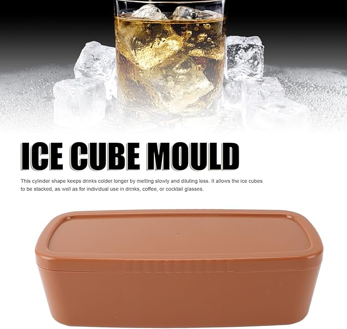 Silicone Ice Cube Tray, Spill Hollow Cylindrical Ice Tray, Easy Release, Safe, Large Capacity, Removable Lid, Reusable for Freezer (Brown)