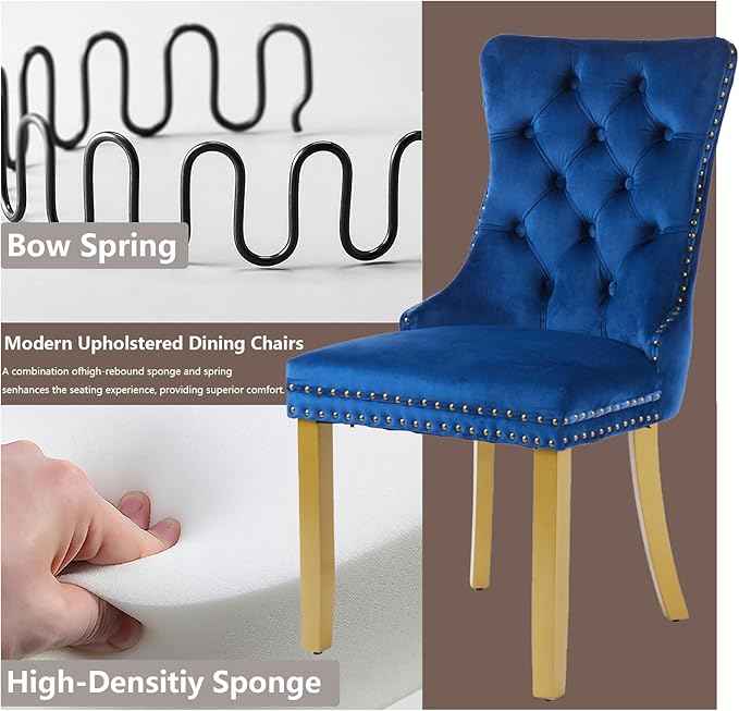 Velvet Dining Chairs Set of 4, Modern Tufted Dining Room Chair, Upholstered Dining Chairs with Lion Head Pulls Ring and Golden Solid Wood Legs, Luxury Kitchen Chairs for Dining Room, Blue