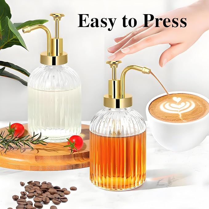 TIWPAJS Glass Coffee Syrup Dispenser 10oz, Syrup Bottles with Ribbed Design, Gold Syrup Pump, Coffee Bar Accessories, Honey Dispenser (2)