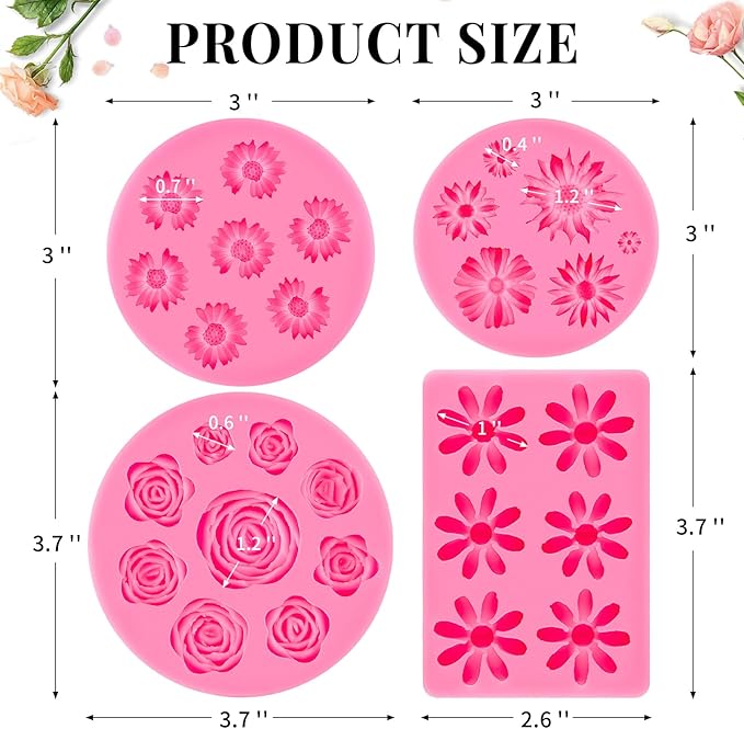 Puyeipt 4 Pcs Flower Silicone Fondant Molds, Daisy Rose Flower Chocolate Candy Molds for Cupcake Topper, Cake Pop Decoration and Clay Craft Making
