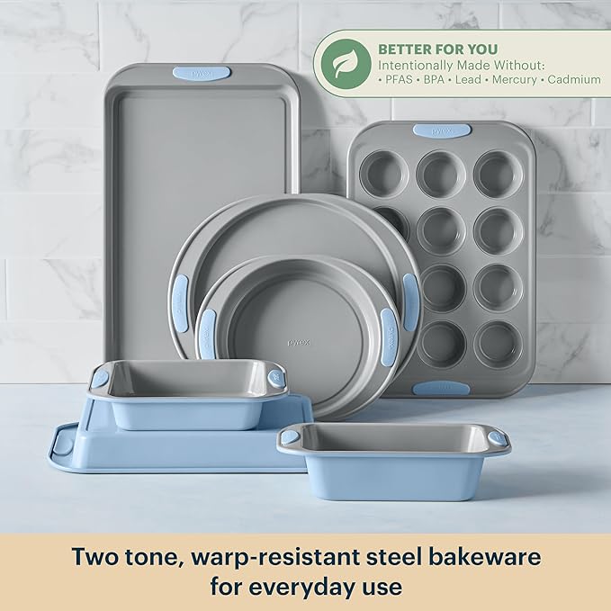 Pyrex (8-Piece) Metal Bakeware Set, Lightweight Stainless Steel Baking Trays with Heatsafe Silicone Handles, Cookie & Muffin Sheets, Round/Square Baking Pans, Cerulean