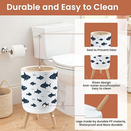 Small Trash Can with Lid Cute Shark Kids 1.8 Gallon Dog Proof Trash Can Round Garbage Can Waste Bin Wastebasket for Bathroom Bedroom Kitchen