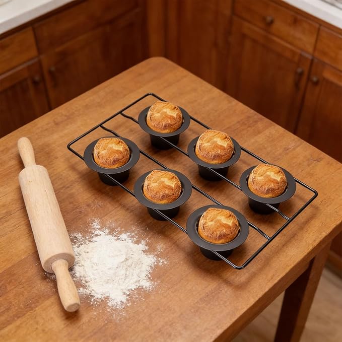 VBESTLIFE 6 Cup Popover Pan, Non Stick Carbon Steel Bakeware for Muffins and Popovers, with Wire Rack for Even Baking and Easy Cleanup