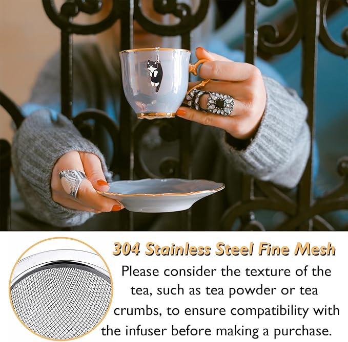 Cat Tea Infuser Set - Enhance Your Tea Experience with Premium Loose Leaf Tea Strainers and Balls, 2 PCS Gold-Plated Cute Cat Charm Pendant Tea Steeper, Stainless Steel Mesh Tea Diffuser