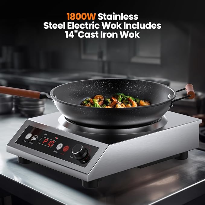 1800W Induction Wok,Stainless Steel Electric Wok Used For Home And Commercial,Temp From 140°F to 460°F,Concave Surface Dual Control 10 Power 24H Timer,14-inch Cast Iron Wok Included