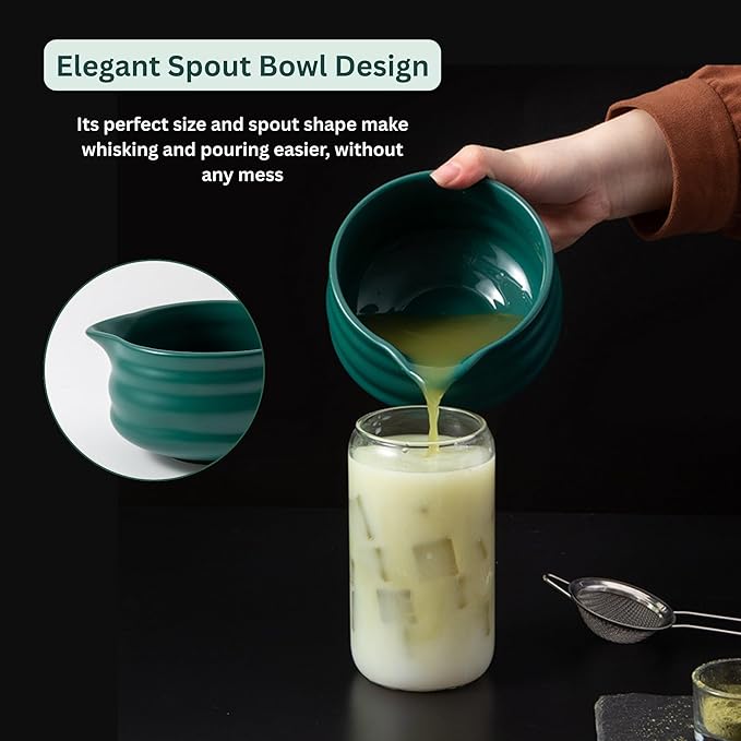 7PCS Ceramic Matcha Whisk Set - Traditional Japanese Tea Set Includes Matcha Bowl with Spout, Holder, Bamboo Whisk, Bamboo Scoop with Rest, Sifter with Tea Towel - Perfect Kit for Matcha Lovers